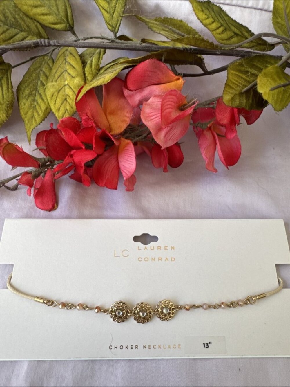 LC Lauren Conrad Dainty Filigree Bead Gold Charm Chain Choker Necklace t 13"NWT
